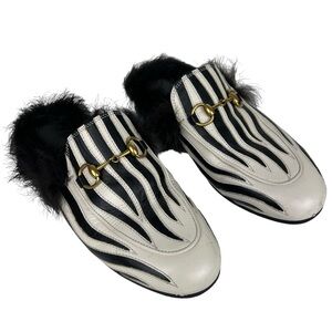 Gucci Princetown Faux Fur Zebra Striped Slide Horsebit Loafers Mules